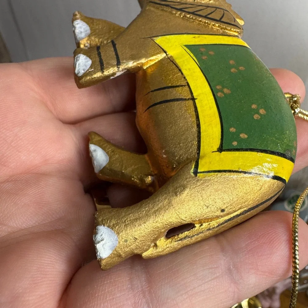 Hand Painted Gold Elephant Christmas Ornament Green Yellow Tassel‎ Hanging Decor